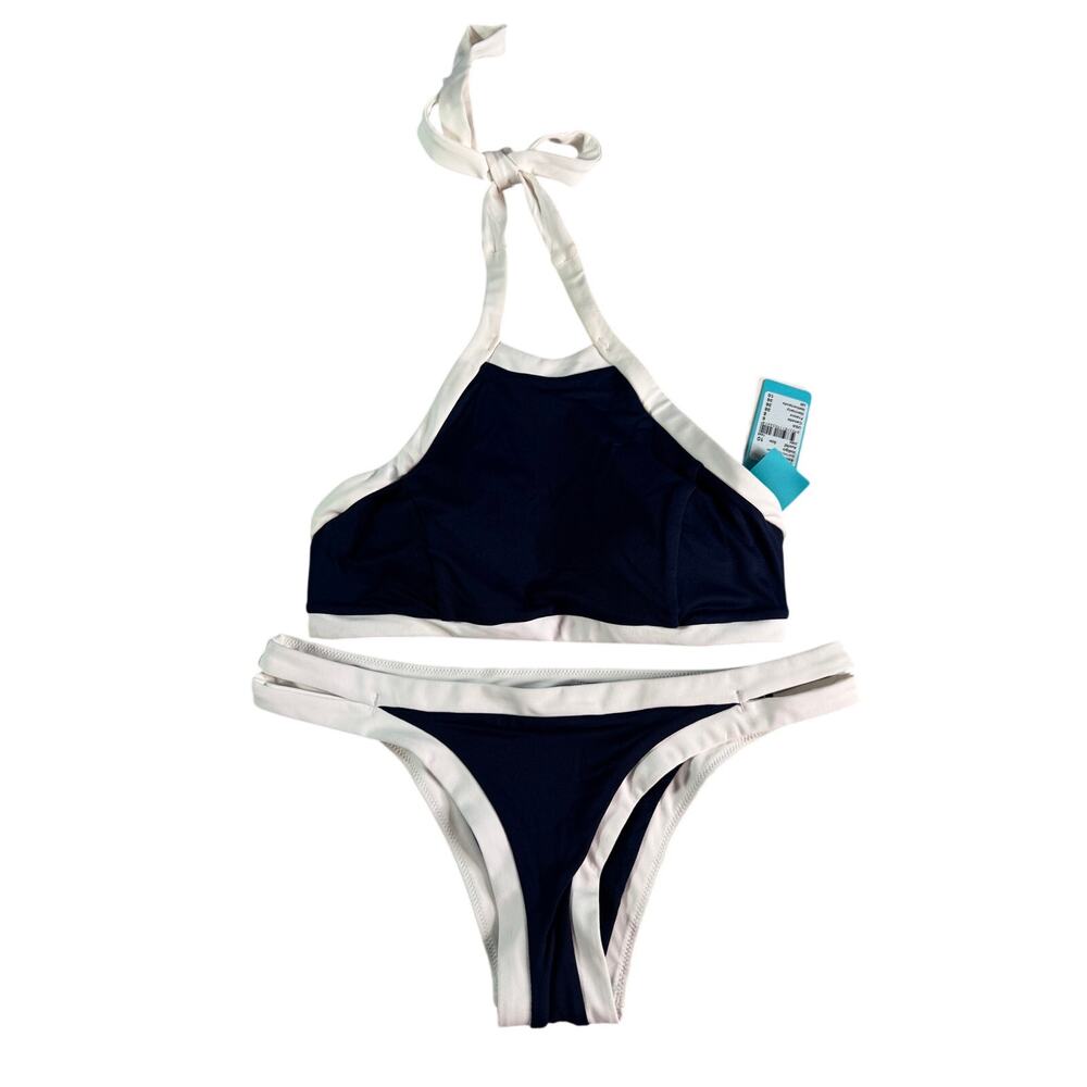 NWT Seafolly Block Party Indigo Navy White High Neck Bikini Set US 6 AU 10
